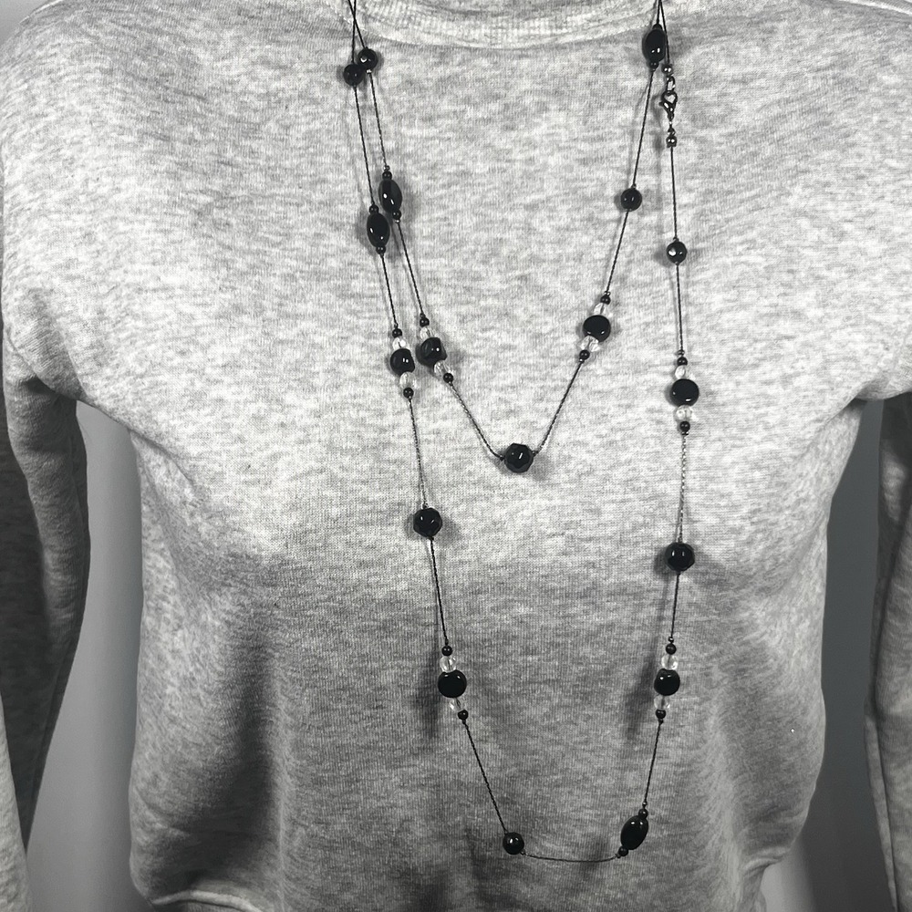 Long 60" Necklace Silver Tone With Black & Clear‎ Beads Fashion Gift Layering